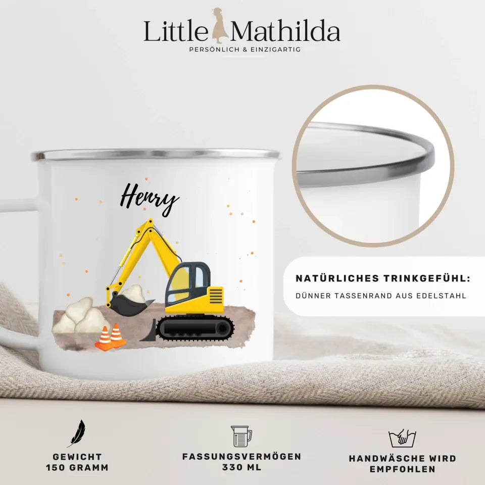 Personalisierte Emaille Kindertasse gelber Bagger