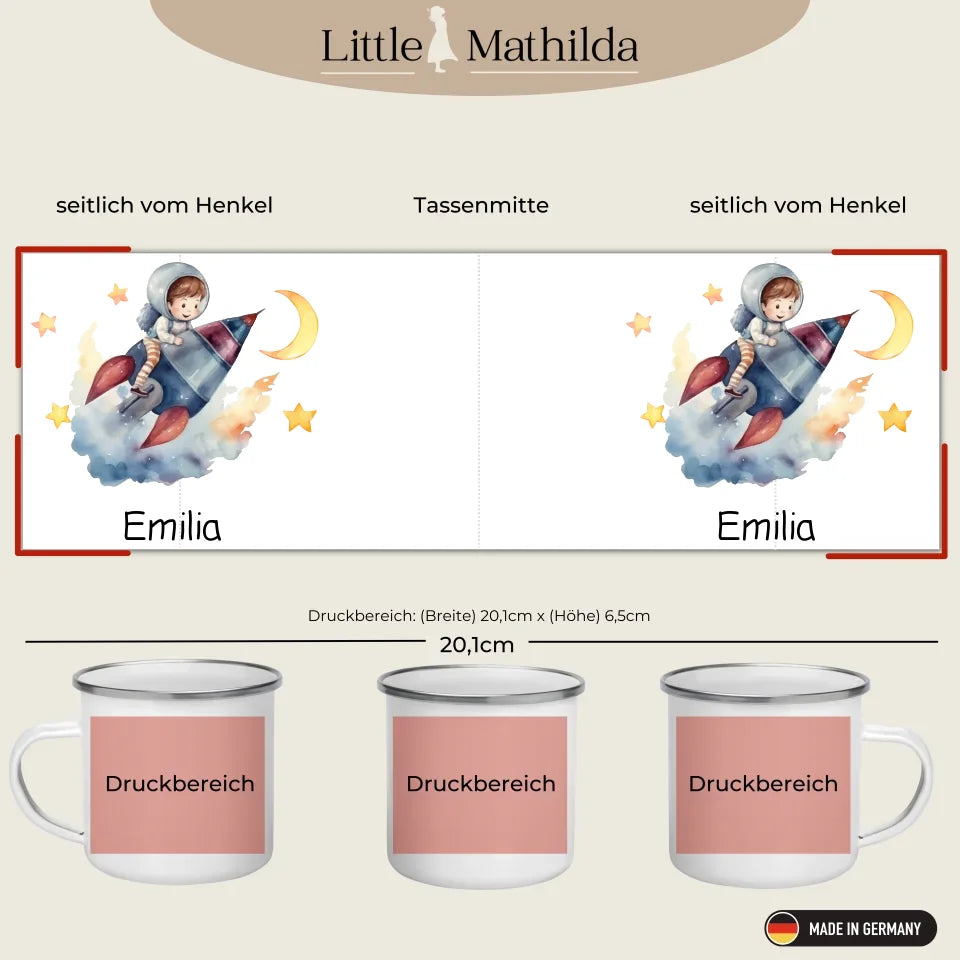 Personalisierte Emaille Kindertasse Mondflieger Rakete