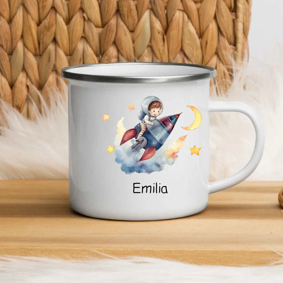 Personalisierte Emaille Kindertasse Mondflieger Rakete