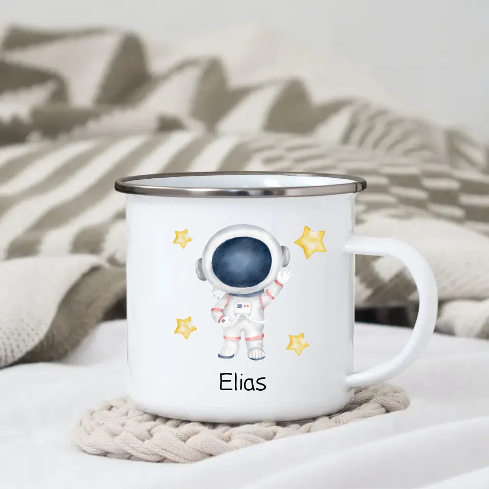 Personalisierte Emaille Kindertasse "Hallo" Astronaut