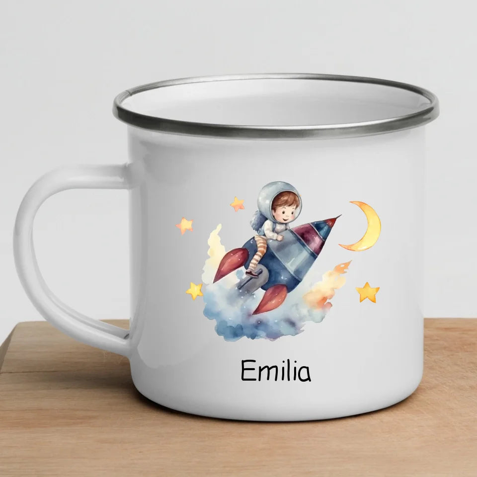 Personalisierte Emaille Kindertasse Mondflieger Rakete