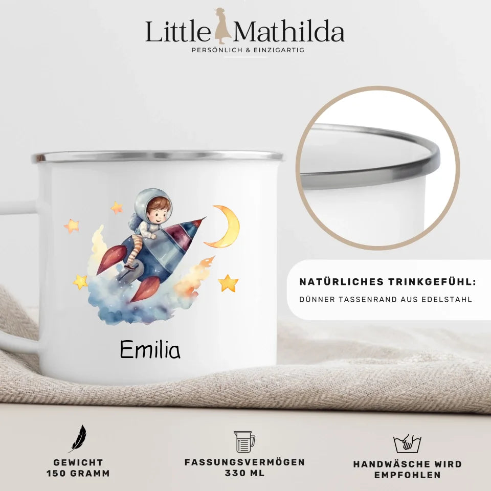 Personalisierte Emaille Kindertasse Mondflieger Rakete
