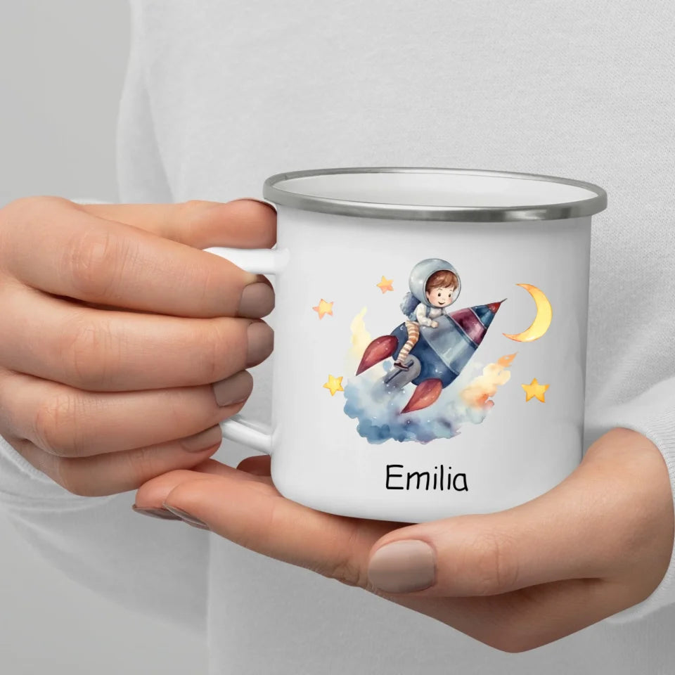 Personalisierte Emaille Kindertasse Mondflieger Rakete