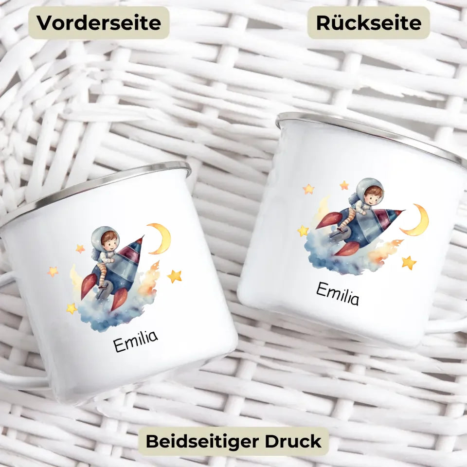 Personalisierte Emaille Kindertasse Mondflieger Rakete