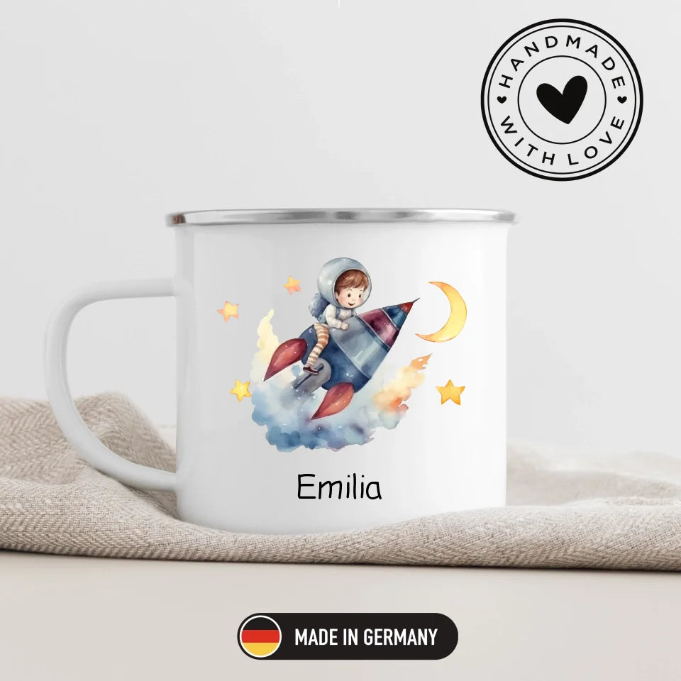 Personalisierte Emaille Kindertasse Mondflieger Rakete