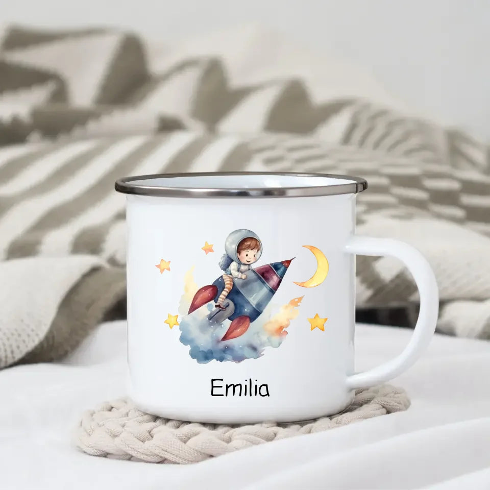 Personalisierte Emaille Kindertasse Mondflieger Rakete