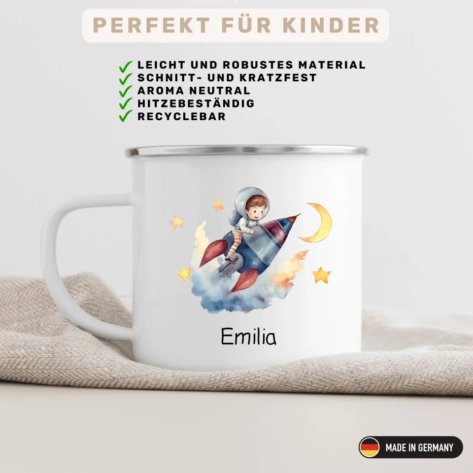 Personalisierte Emaille Kindertasse Mondflieger Rakete