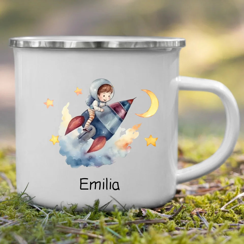 Personalisierte Emaille Kindertasse Mondflieger Rakete