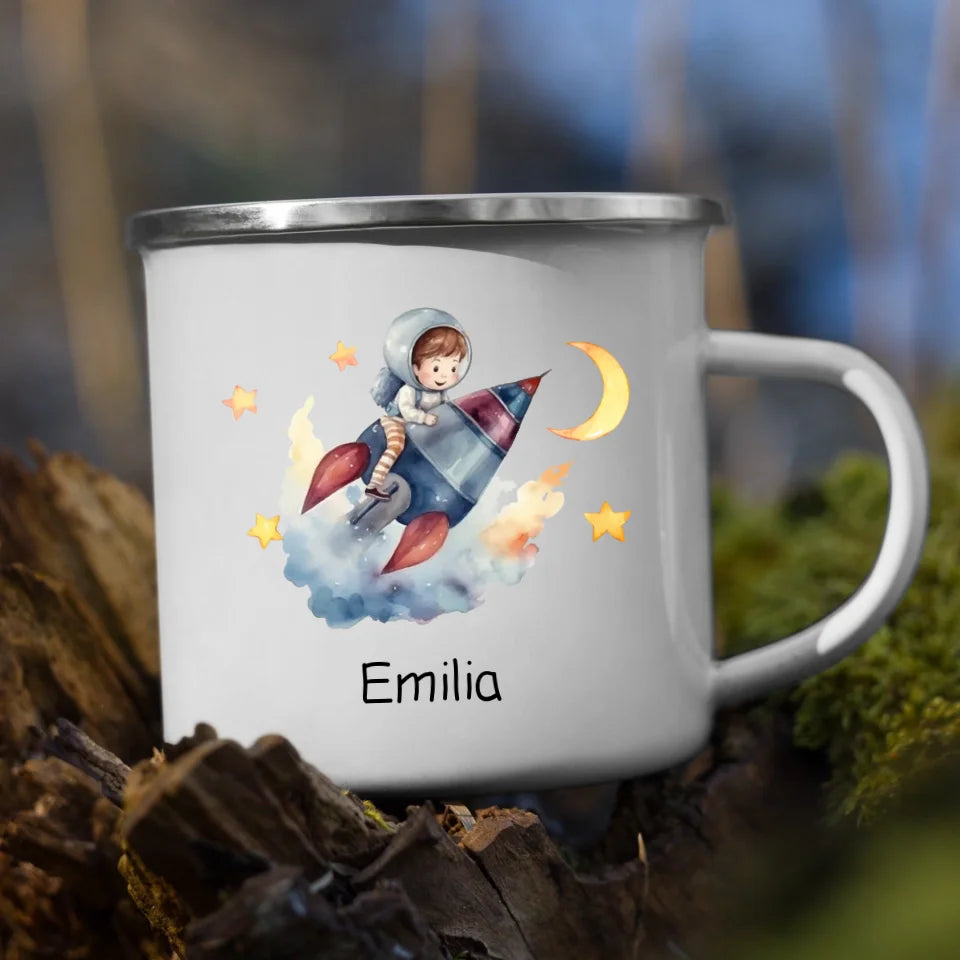 Personalisierte Emaille Kindertasse Mondflieger Rakete