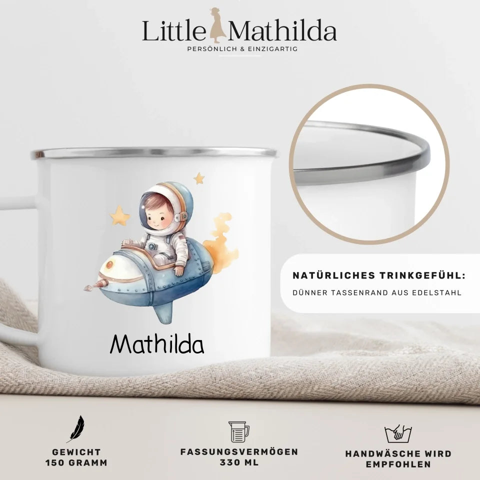 Personalisierte Emaille Kindertasse Kleiner Raketenpilot