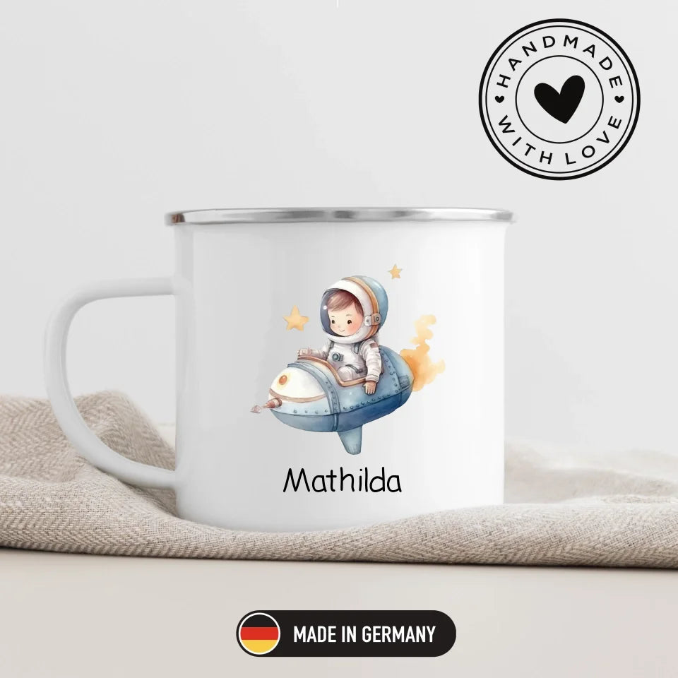 Personalisierte Emaille Kindertasse Kleiner Raketenpilot