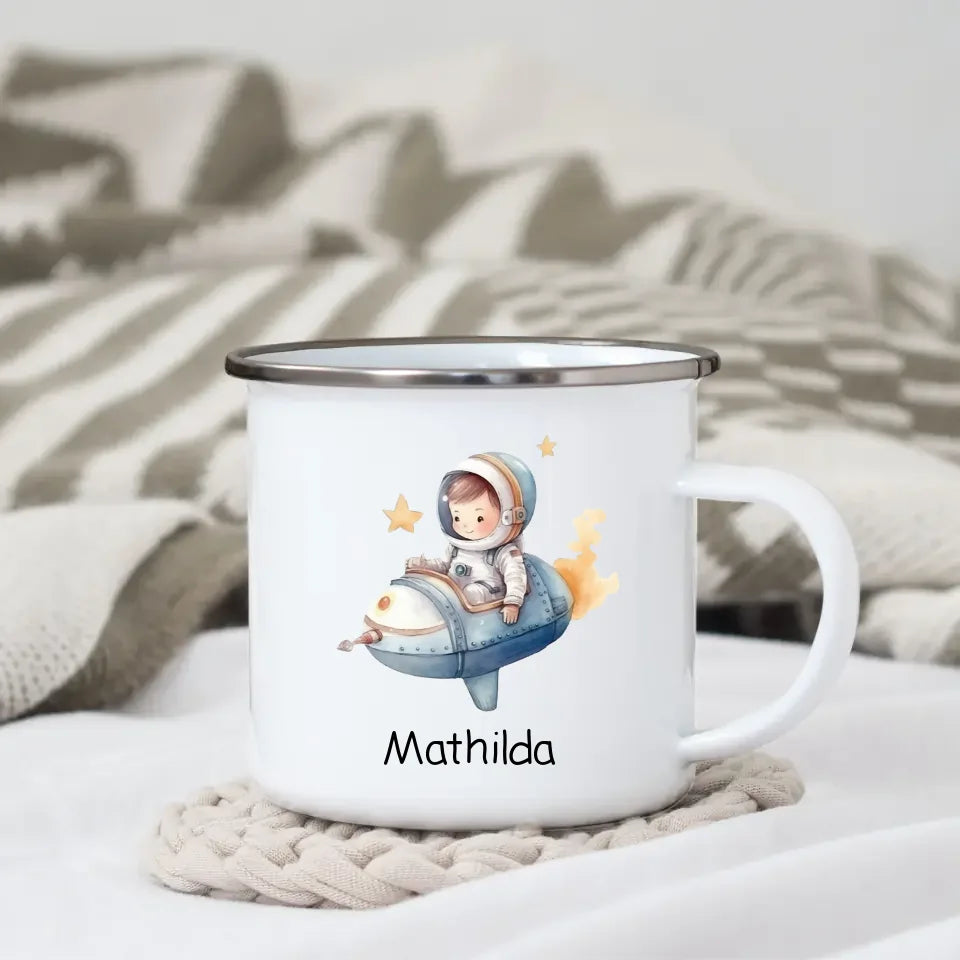 Personalisierte Emaille Kindertasse Kleiner Raketenpilot