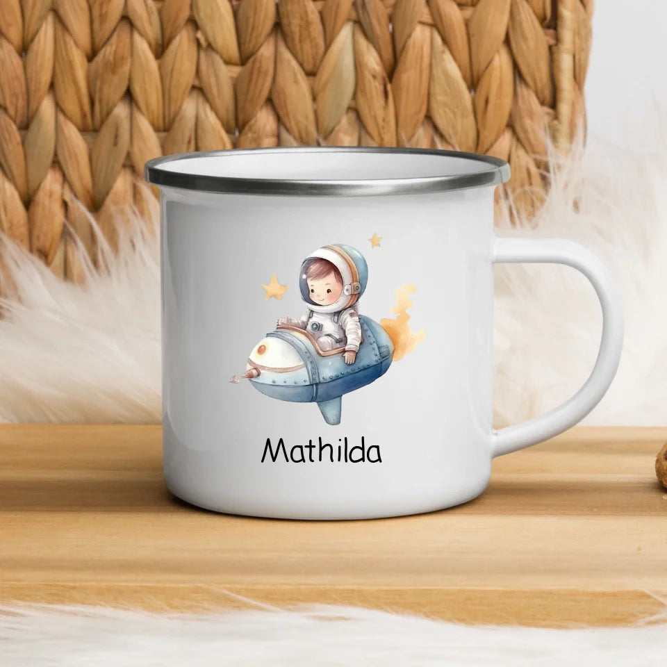 Personalisierte Emaille Kindertasse Kleiner Raketenpilot