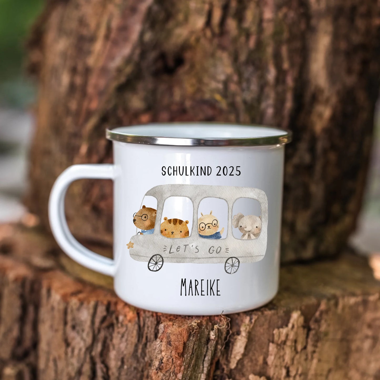Emaille Tasse Schulkind 2025 - Tierischer Bus