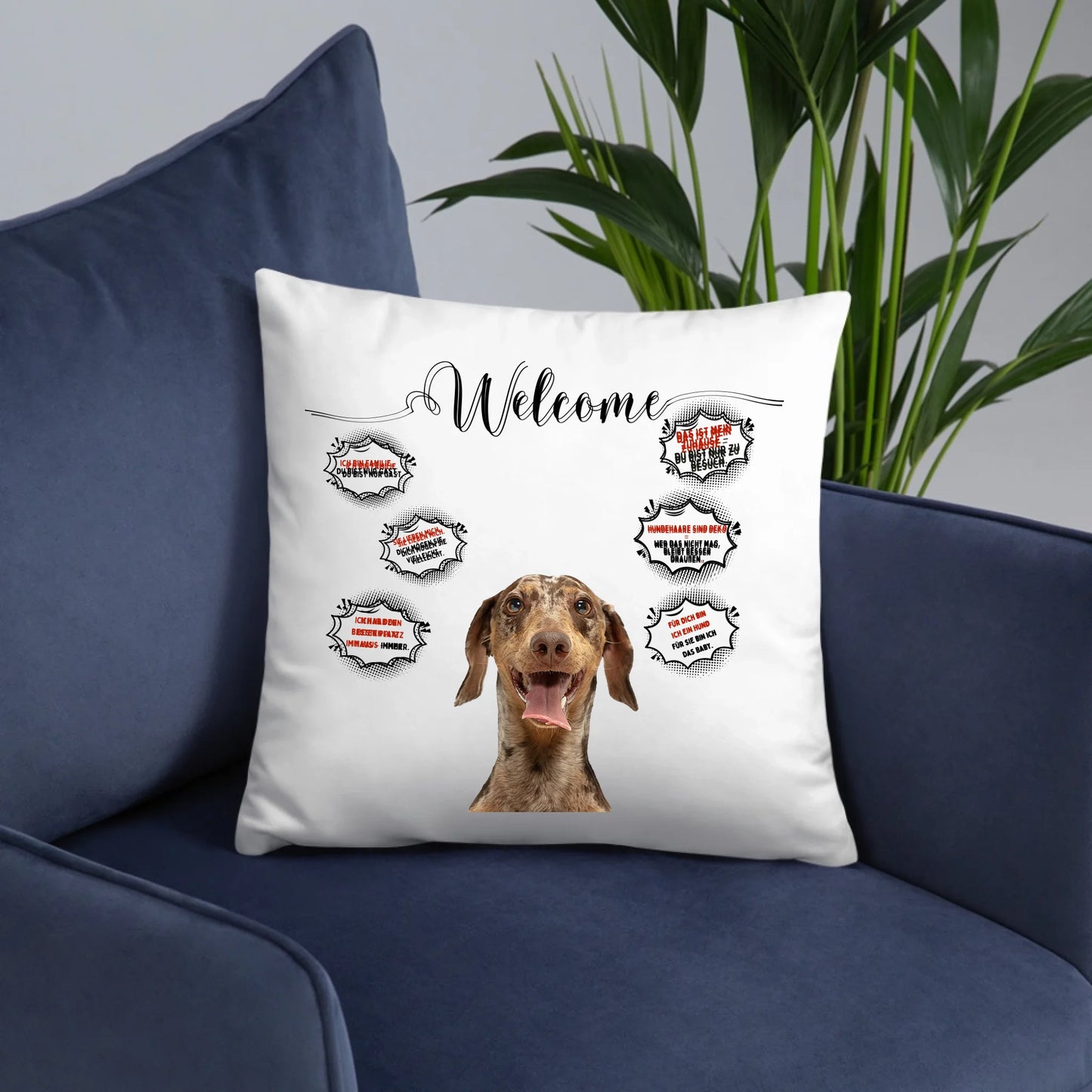Personalisiertes Kissen Willkommen mit Wunschfoto vom Hund und witzigen Sprechblasen