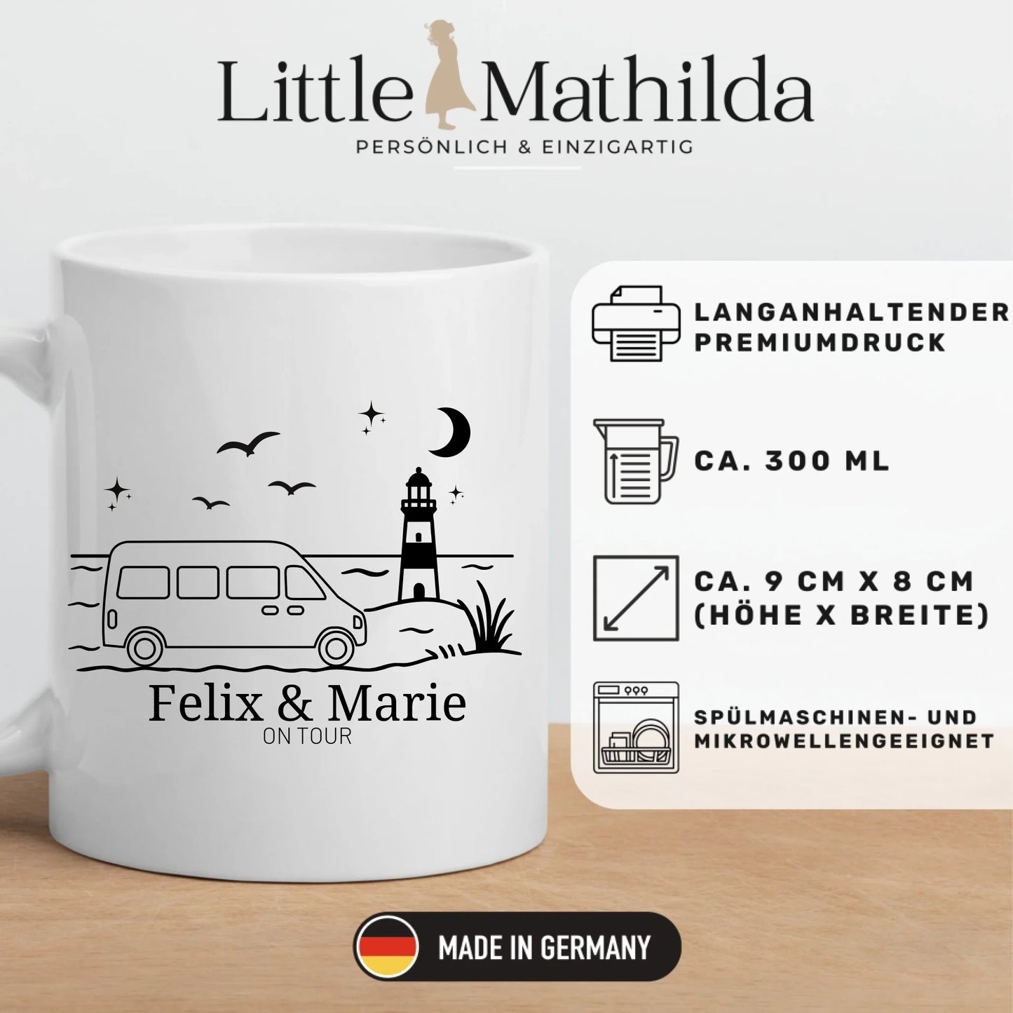 Emaille Camping Tasse Kastenwagen am Meer