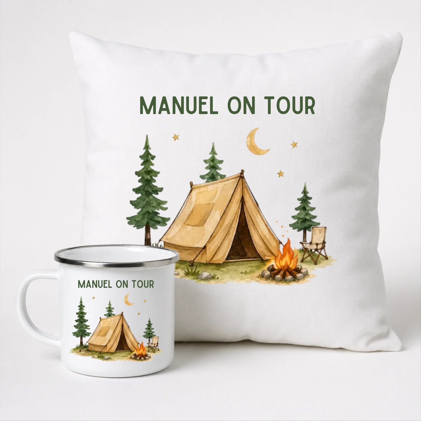 Personalisierte Emaille Camping Tasse und Camping Kissen von Little Mathilda