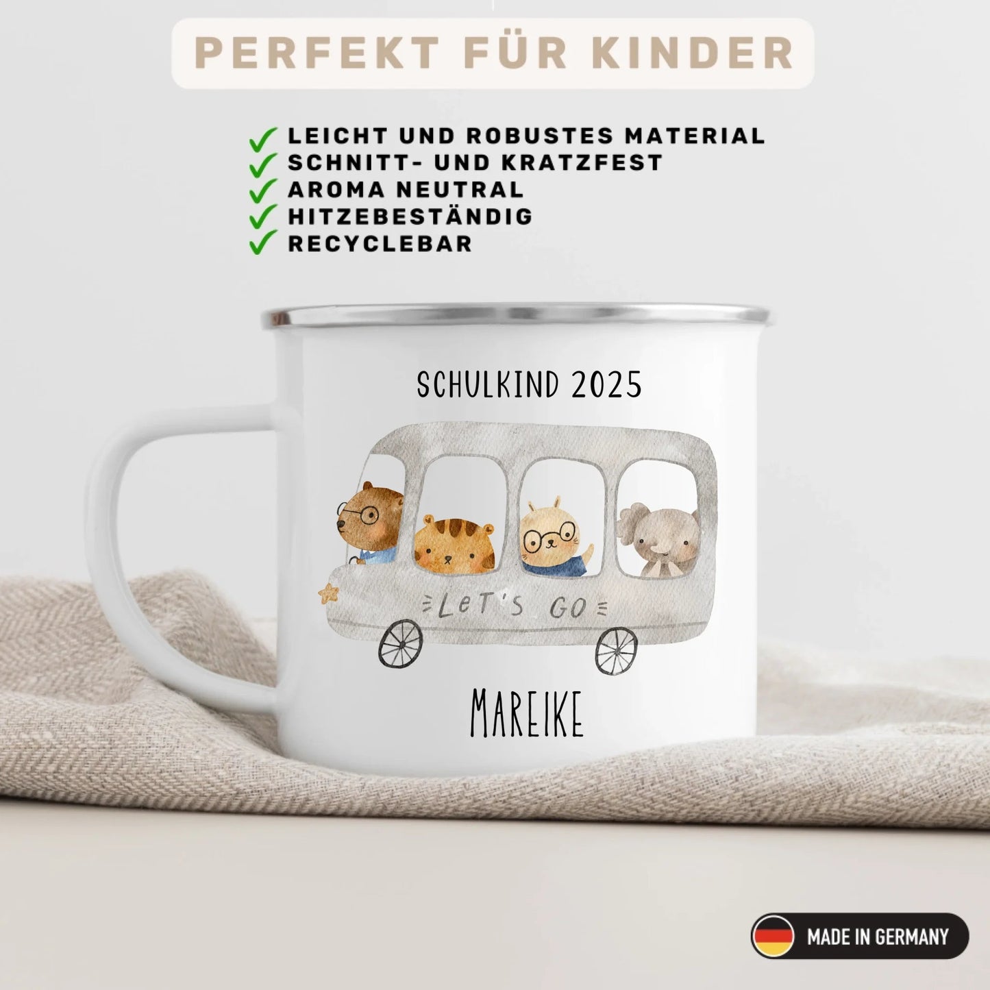 Emaille Tasse Schulkind 2025 - Tierischer Bus Little Mathilda Little Mathilda Emaille Tasse
