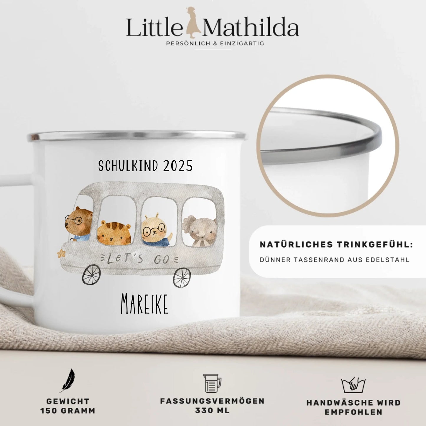 Emaille Tasse Schulkind 2025 - Tierischer Bus Little Mathilda Little Mathilda Emaille Tasse