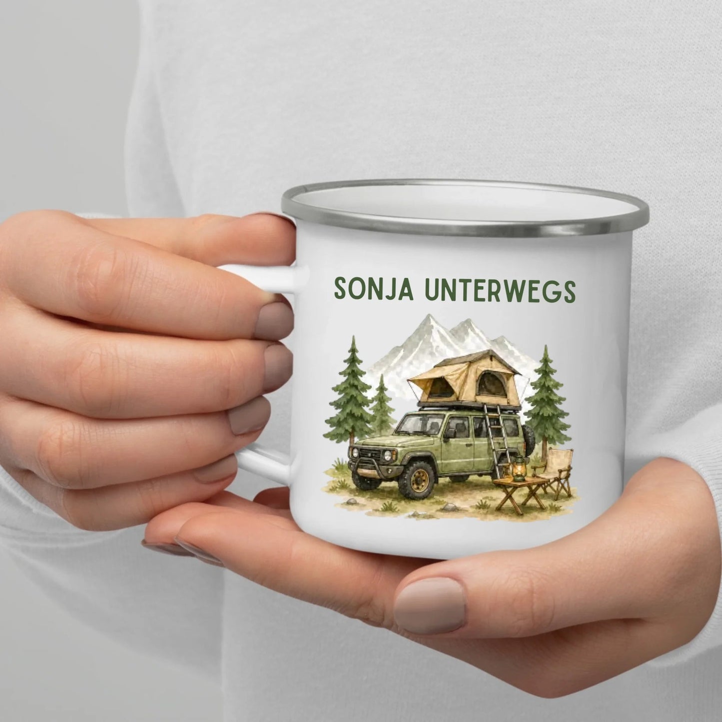 Personalisierte Emaille Camping Tasse Offroad Camper mit Schlafdach Little Mathilda Little Mathilda Emaille Tasse