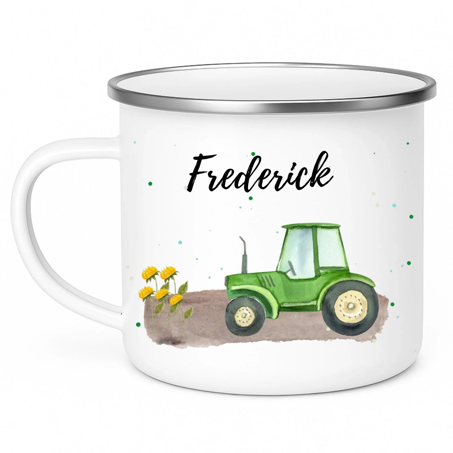 Personalisierte Emaille - Kindertasse mit grünem Traktor Little Mathilda Little Mathilda Emaille Tasse