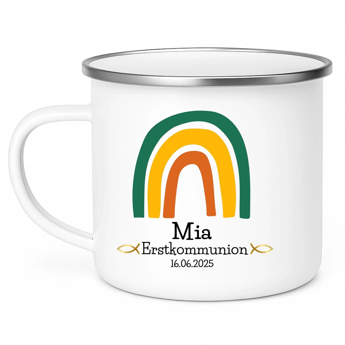 Personalisierte Emaille - Tasse zur Erstkommunion – Grüner Regenbogen Little Mathilda Little Mathilda Emaille Tasse
