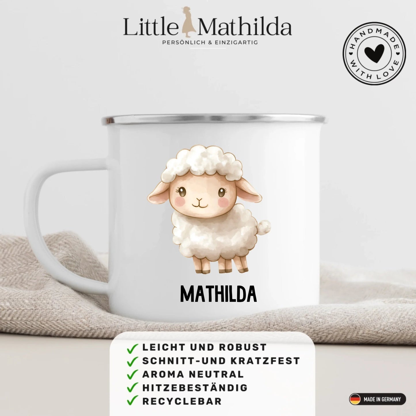 Personalisierte Kindertasse Schaf mit Namen Little Mathilda Little Mathilda Emaille Tasse