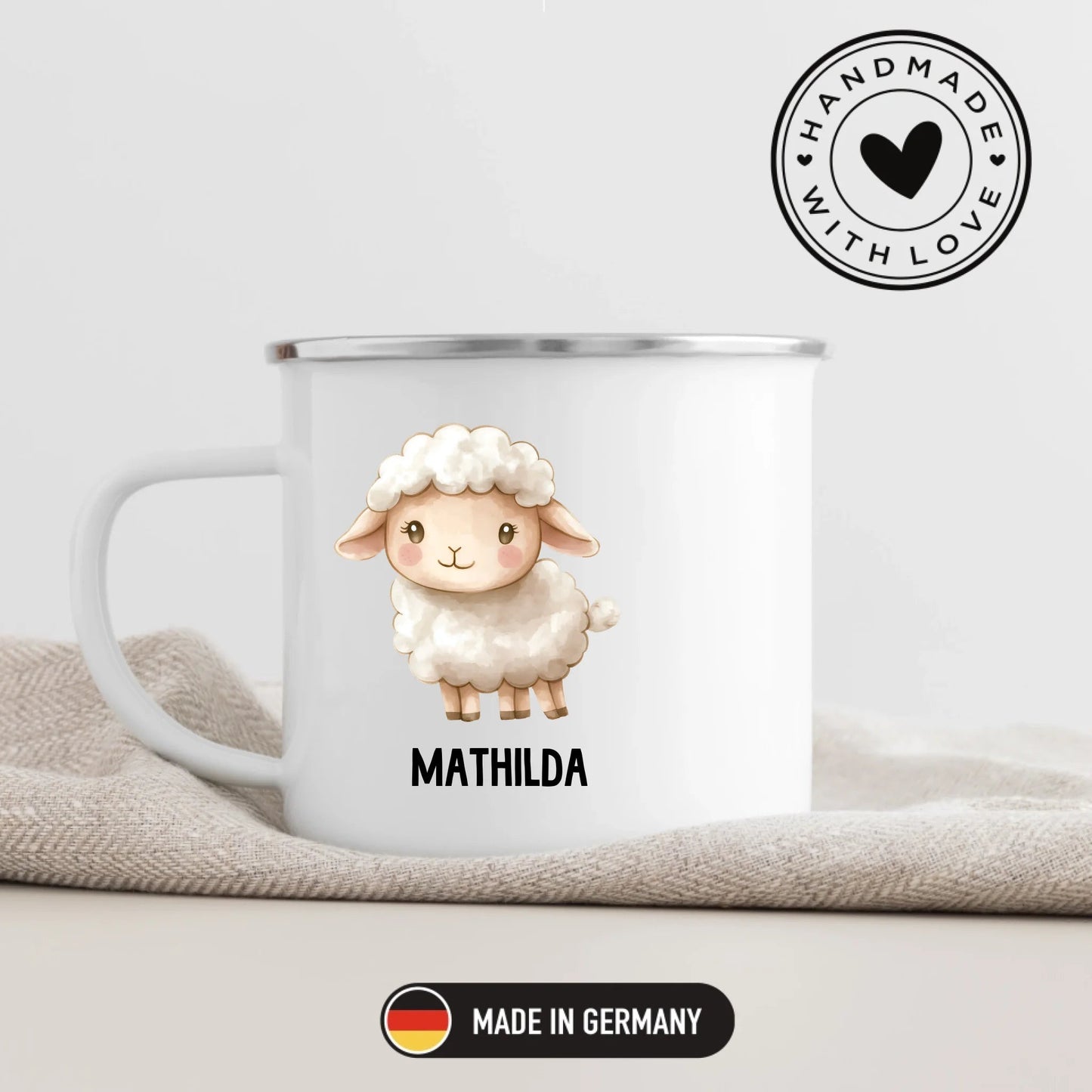 Personalisierte Kindertasse Schaf mit Namen Little Mathilda Little Mathilda Emaille Tasse