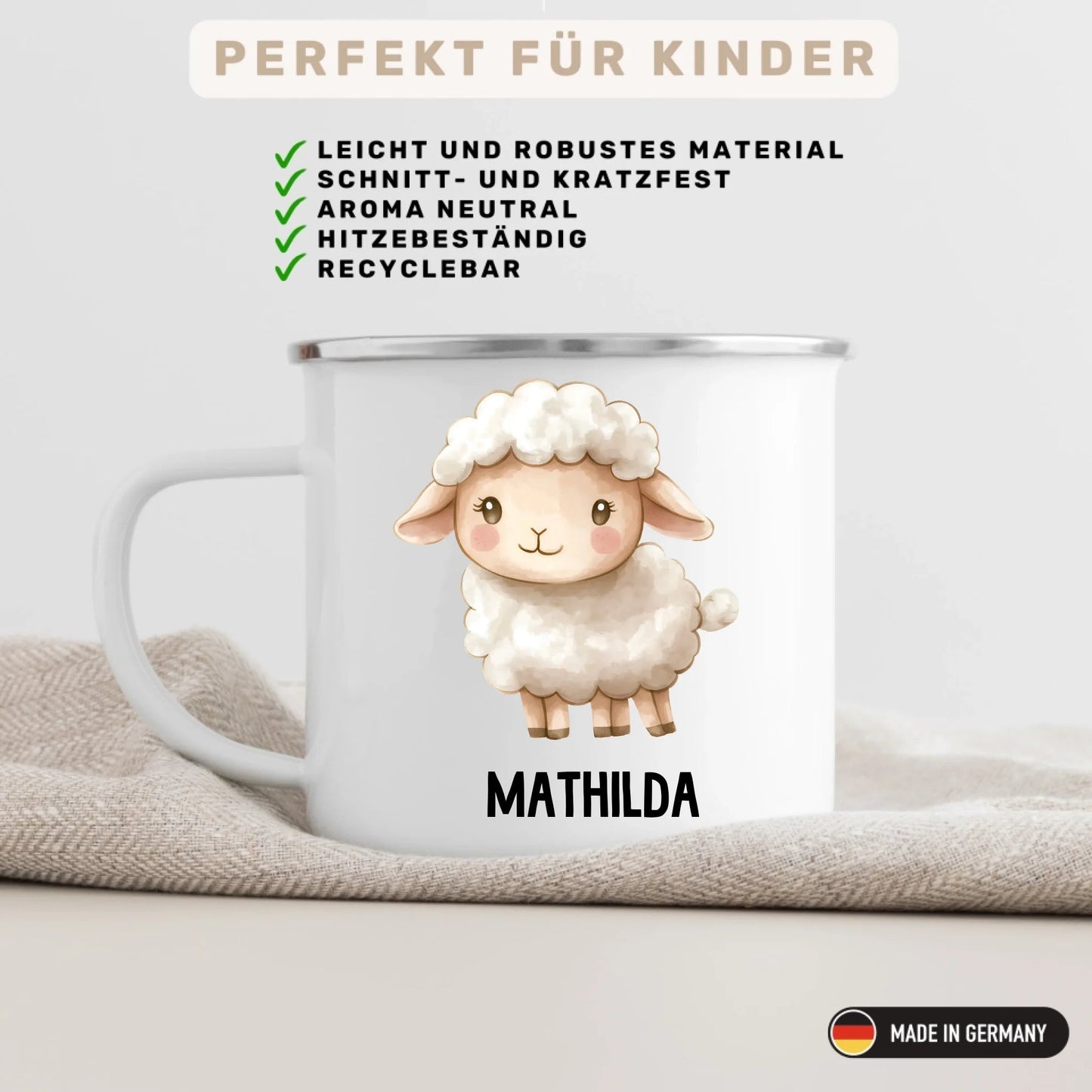 Personalisierte Kindertasse Schaf mit Namen Little Mathilda Little Mathilda Emaille Tasse