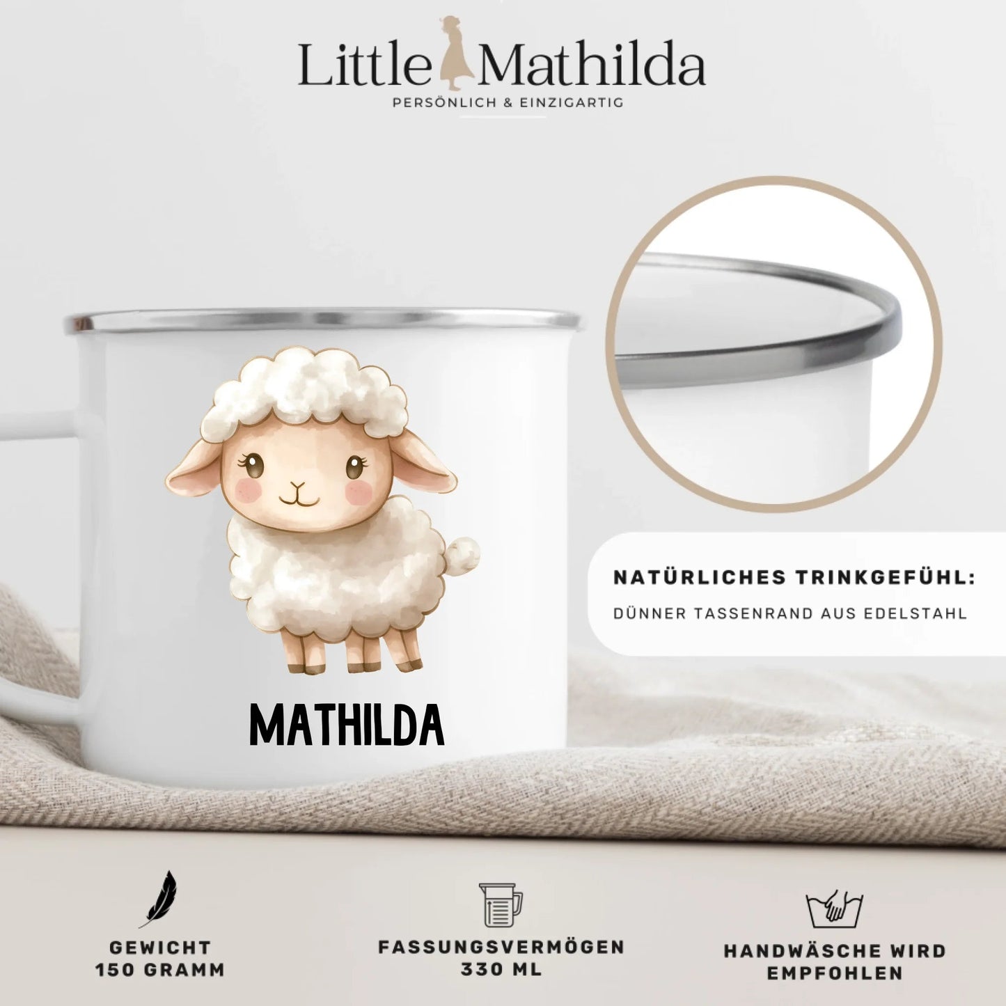 Personalisierte Kindertasse Schaf mit Namen Little Mathilda Little Mathilda Emaille Tasse