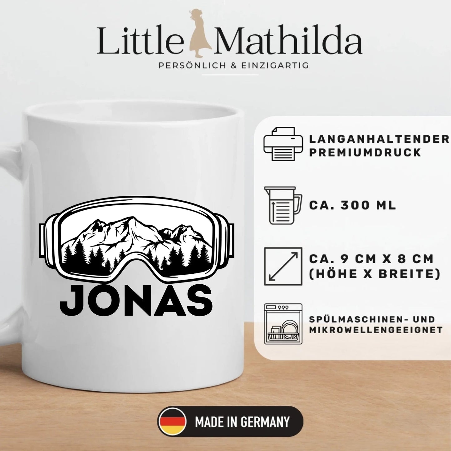 Skifahrer Tasse mit Namen Little Mathilda Little Mathilda Keramik Tasse, Emaille Tasse