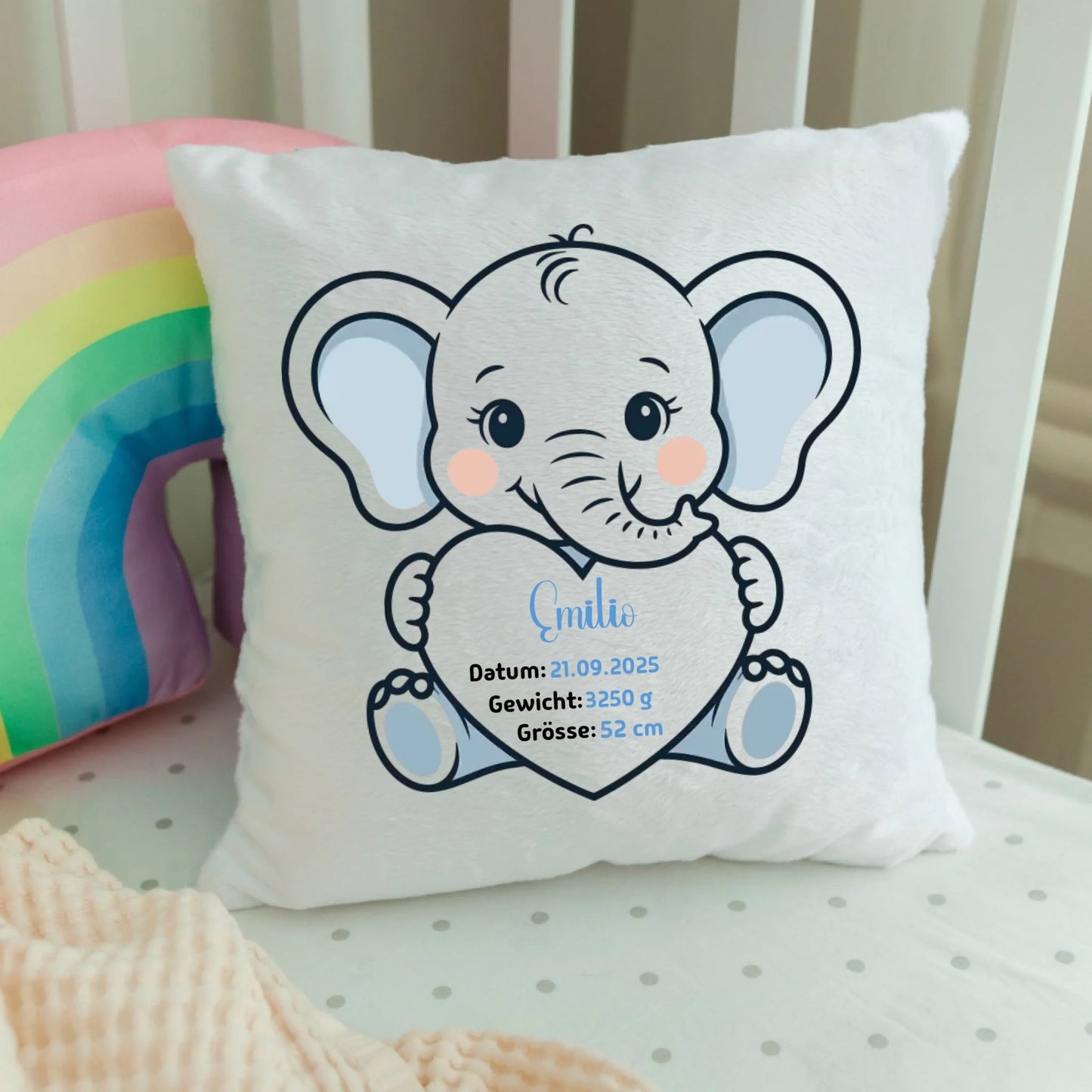 Personalisiertes Geburtskissen Elefant mit Namen, Datum, Gewicht und Größe Little Mathilda Little Mathilda Kissen