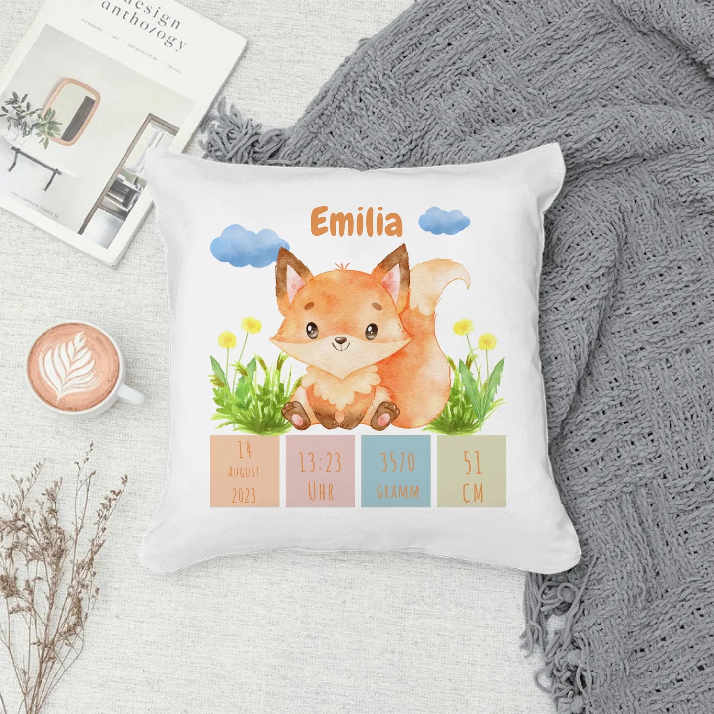 Personalisiertes Geburtskissen: Fuchskids (40x40cm Baumwolle) Little Mathilda Little Mathilda Kissen