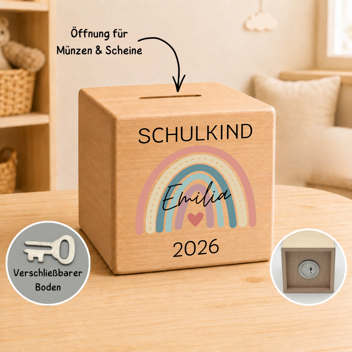 Personalisierte Holzspardose zur Einschulung mit Name, Datum & Regenbogen