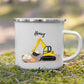 Personalisierte Emaille Kindertasse gelber Bagger