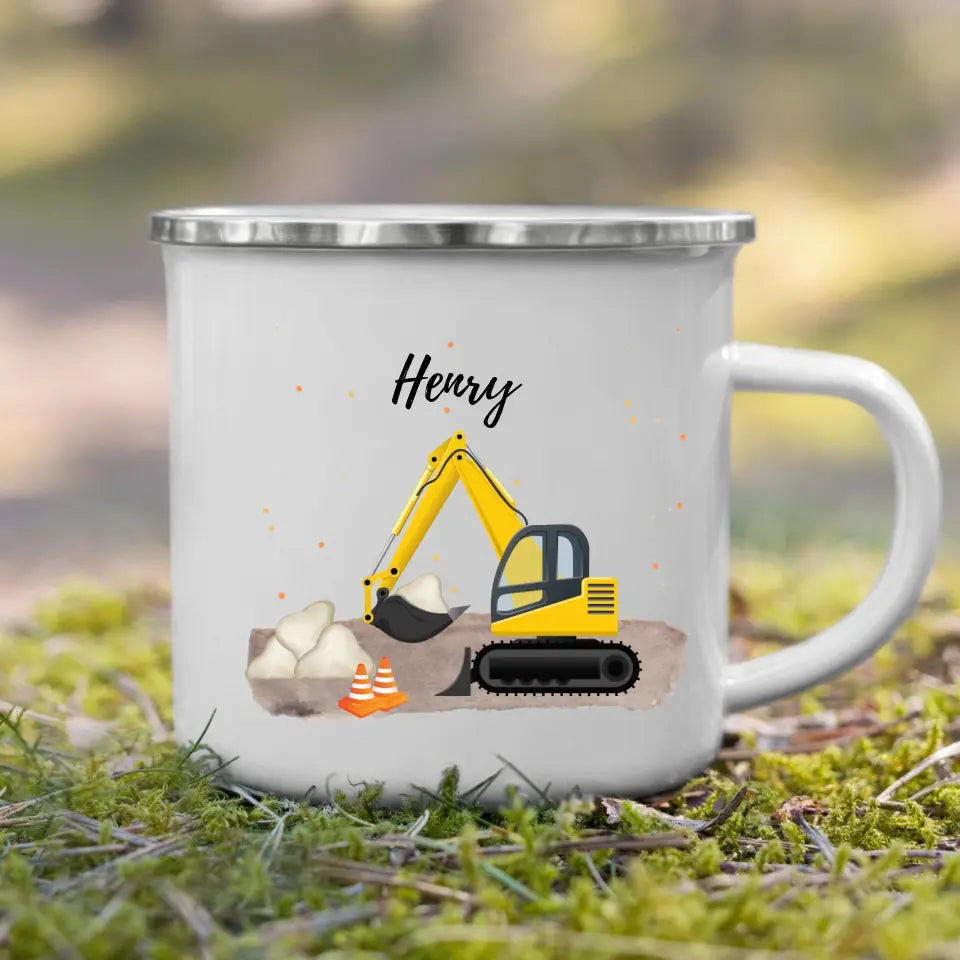 Personalisierte Emaille Kindertasse gelber Bagger