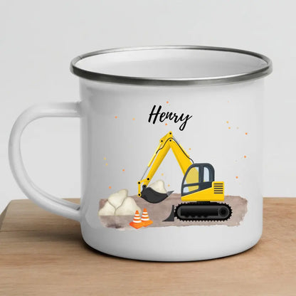Personalisierte Emaille Kindertasse gelber Bagger