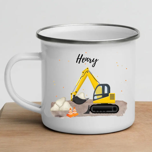 Personalisierte Emaille-Kindertasse mit Bagger