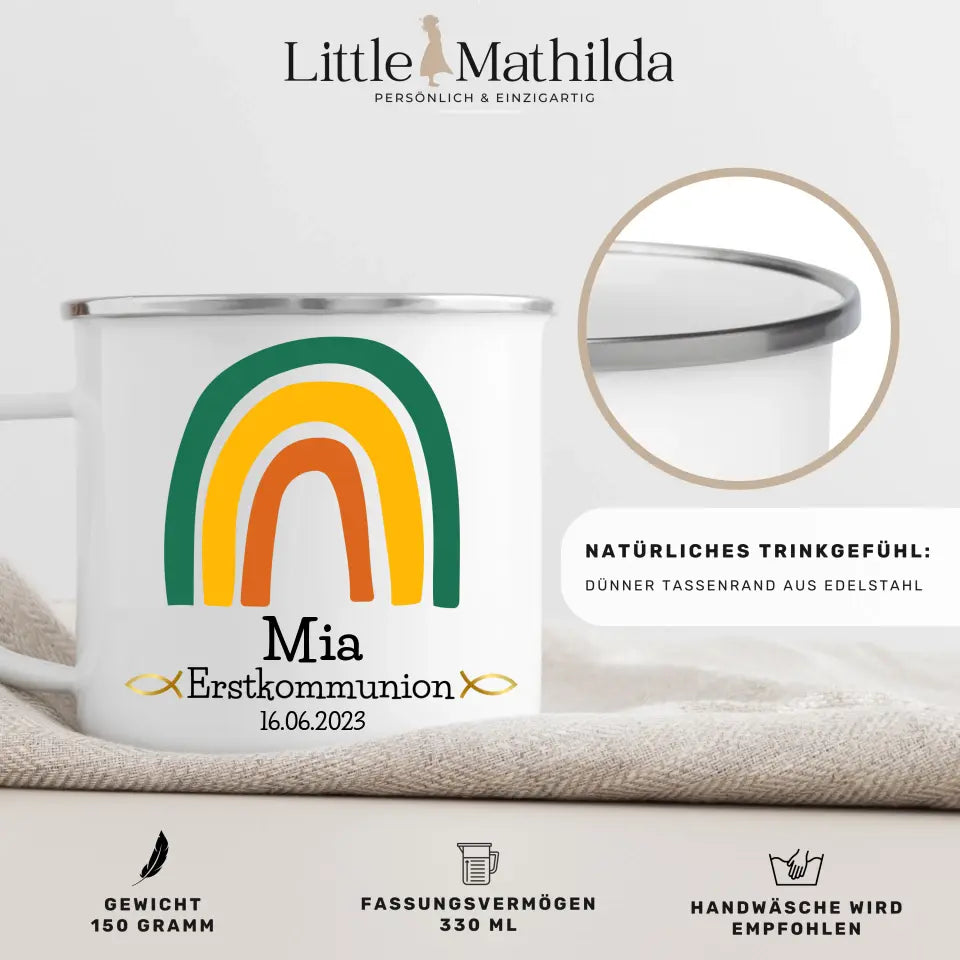 Grüne Regenbogen Emaille Tasse zur Erstkommunion