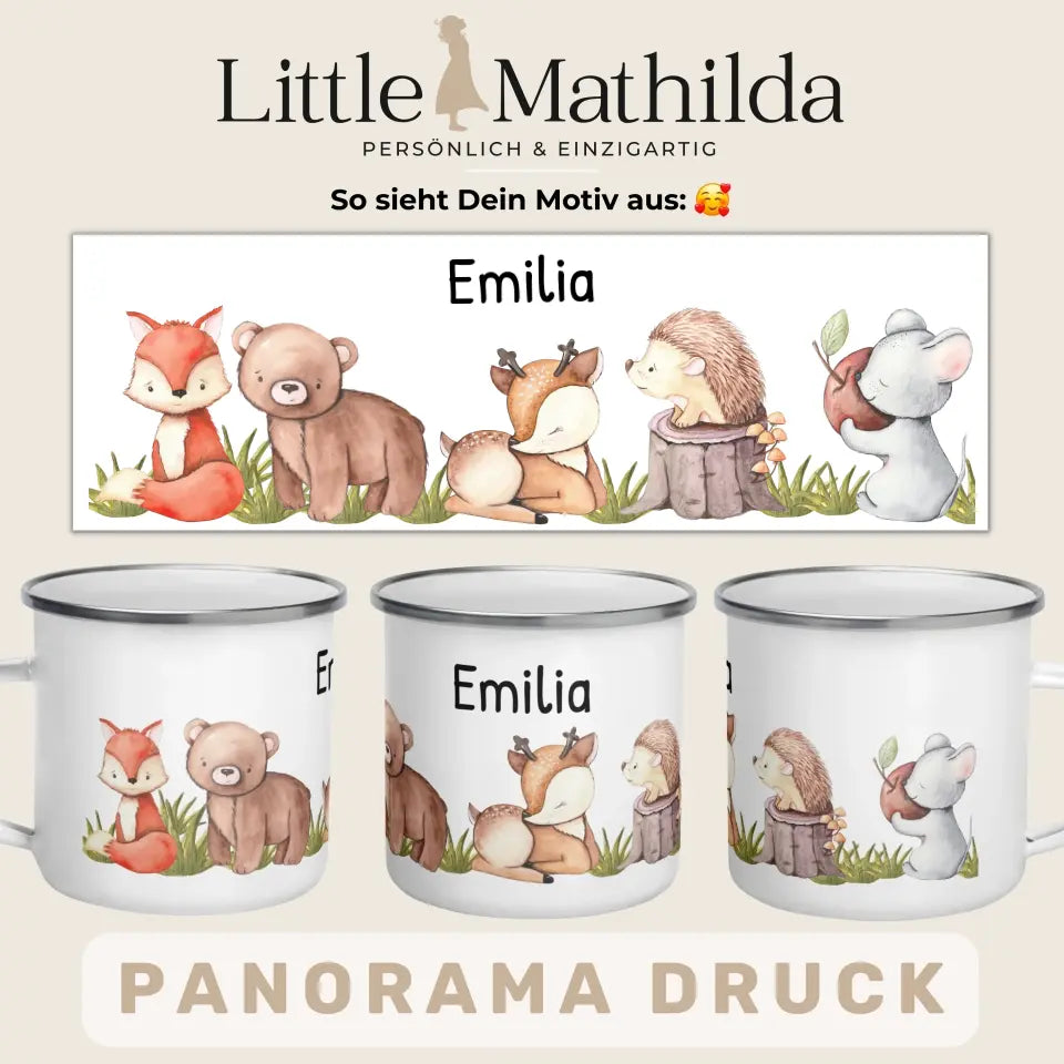 Personalisierte Emaille Kindertasse Waldtiere mit Namen
