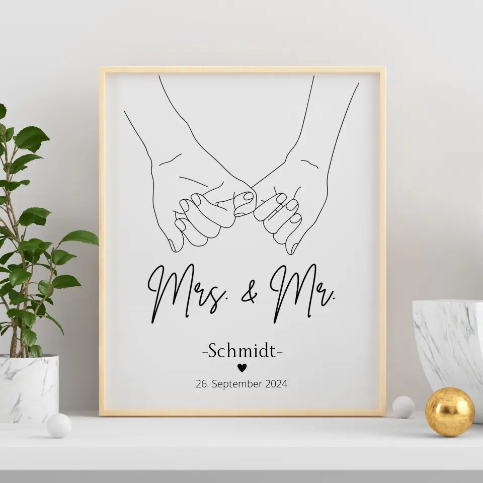 Hochzeitsposter: Mrs. & Mr. "haltende Hände"