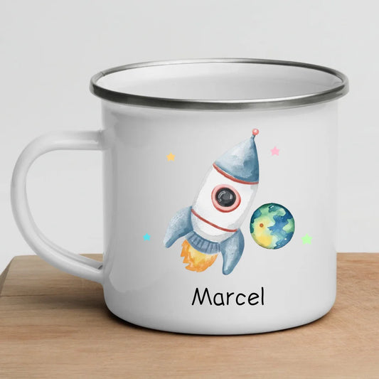 Personalisierte Emaille Kindertasse Raketenflieger
