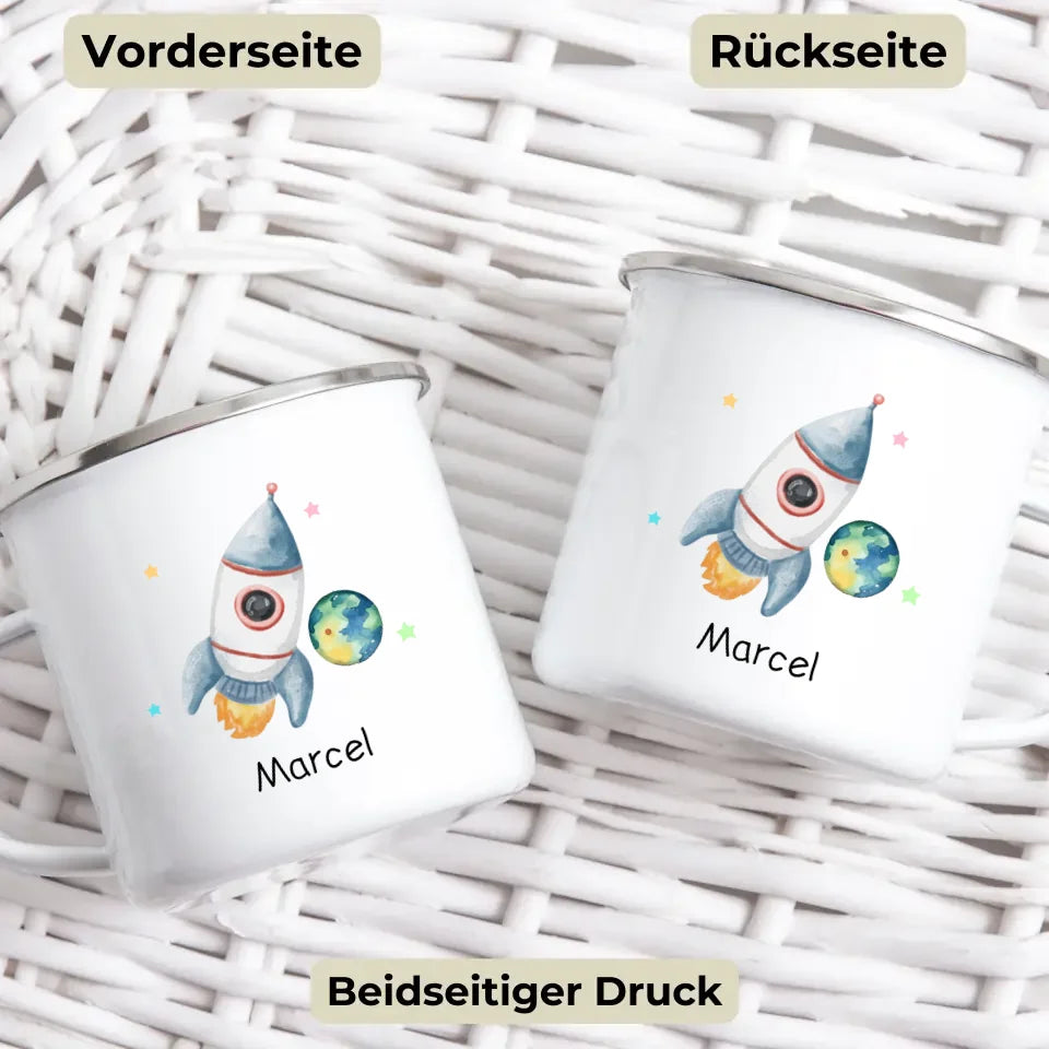 Personalisierte Emaille Kindertasse Raketenflieger