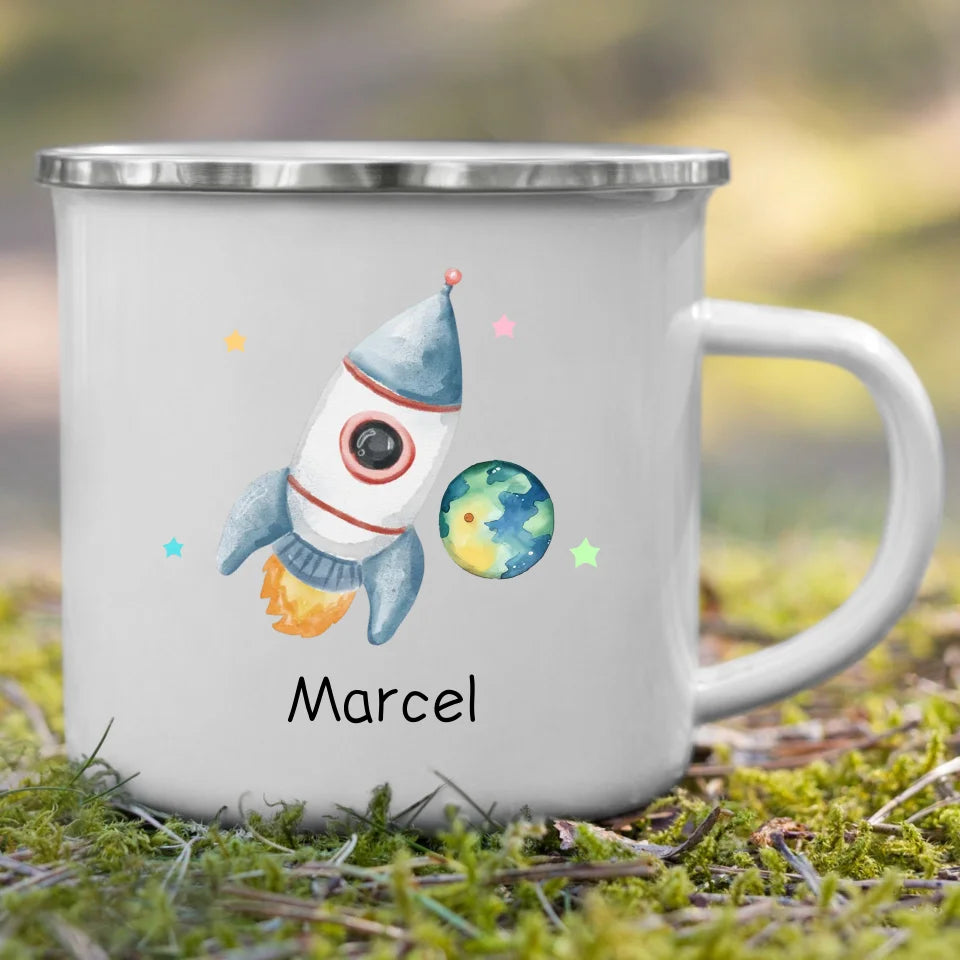 Personalisierte Emaille Kindertasse Raketenflieger
