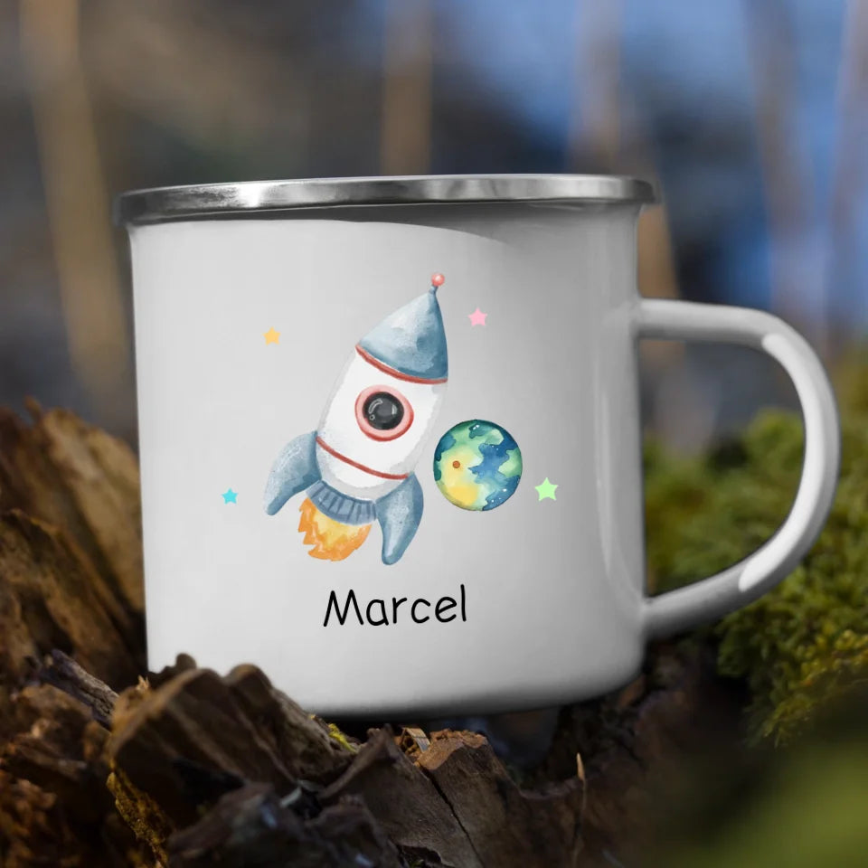 Personalisierte Emaille Kindertasse Raketenflieger