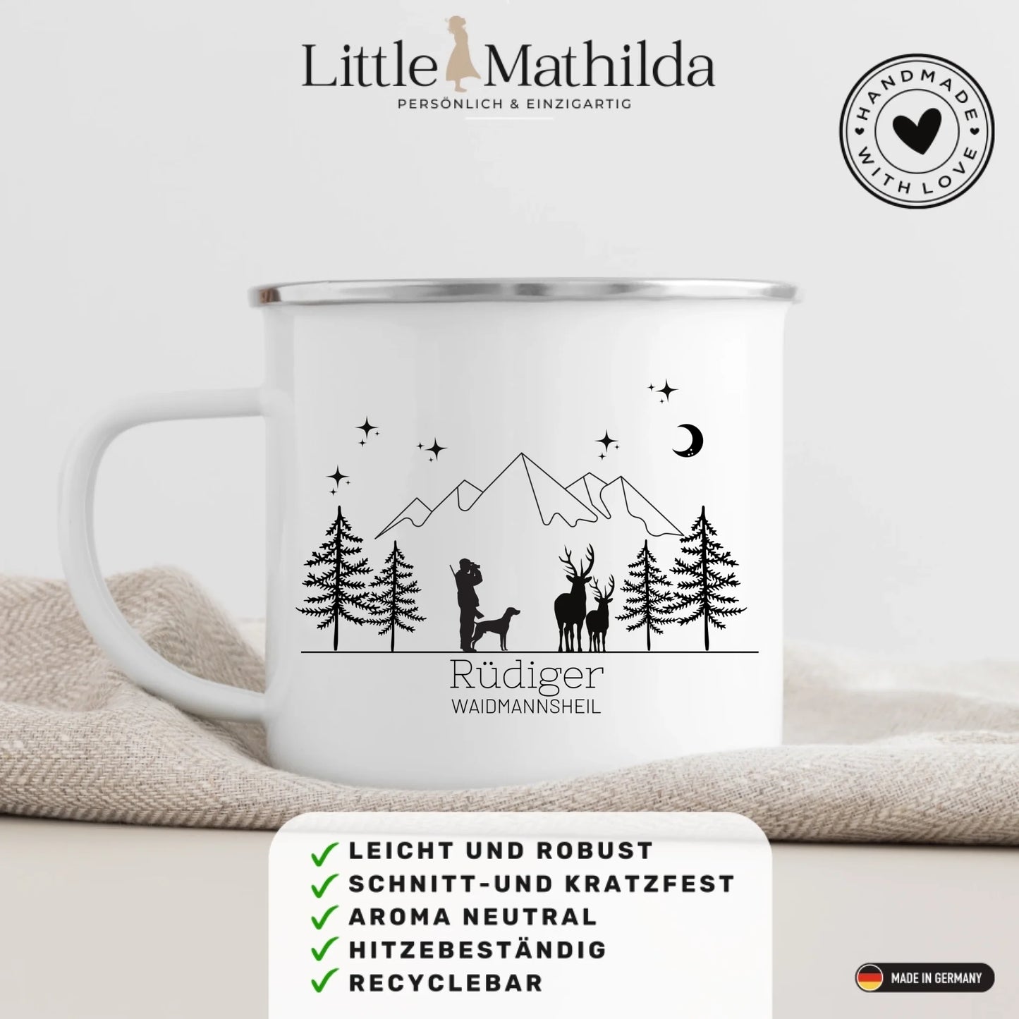 Jägertasse mit Hund und Hirsch