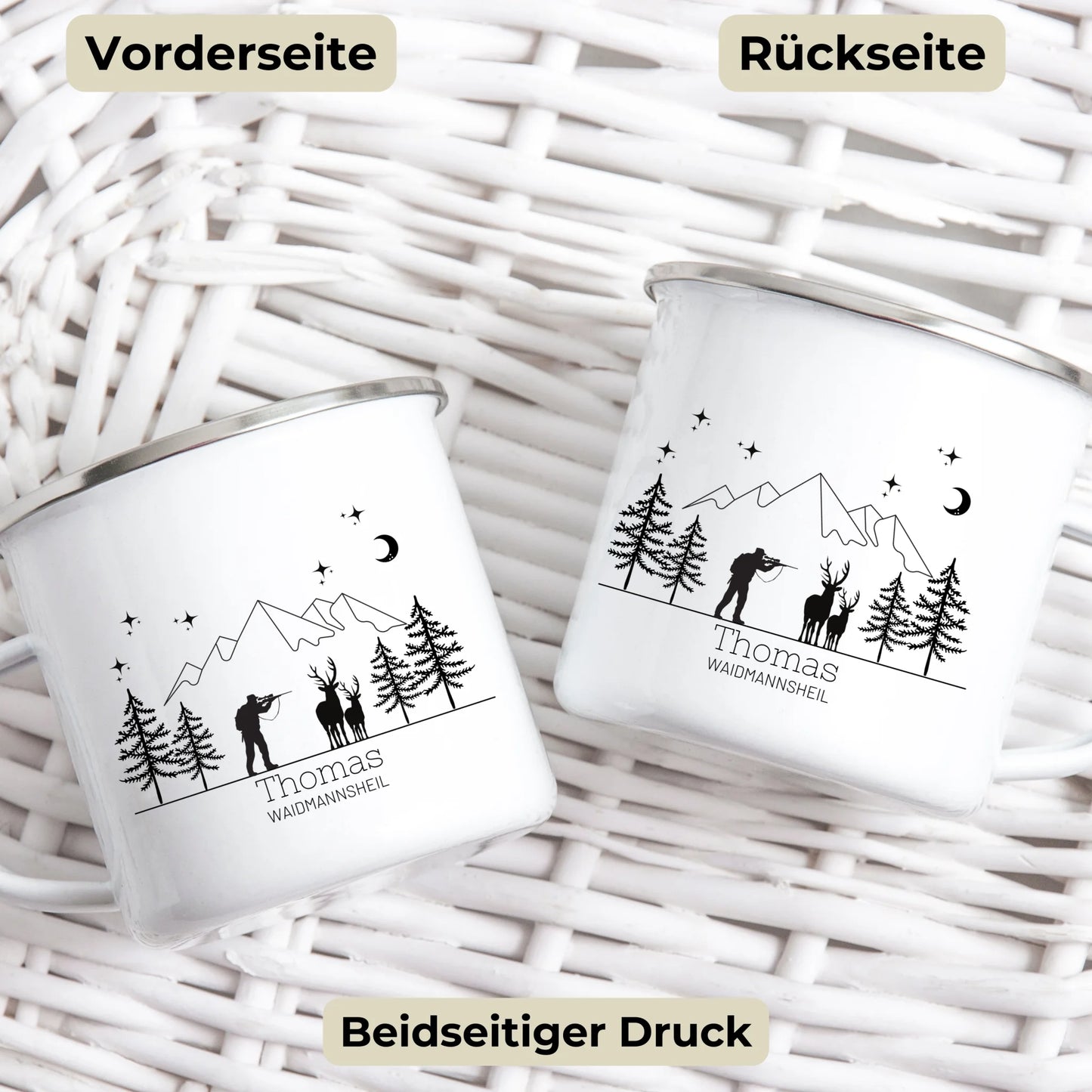 Personalisierte Jägertasse mit Namen – Emaille Tasse für Jäger