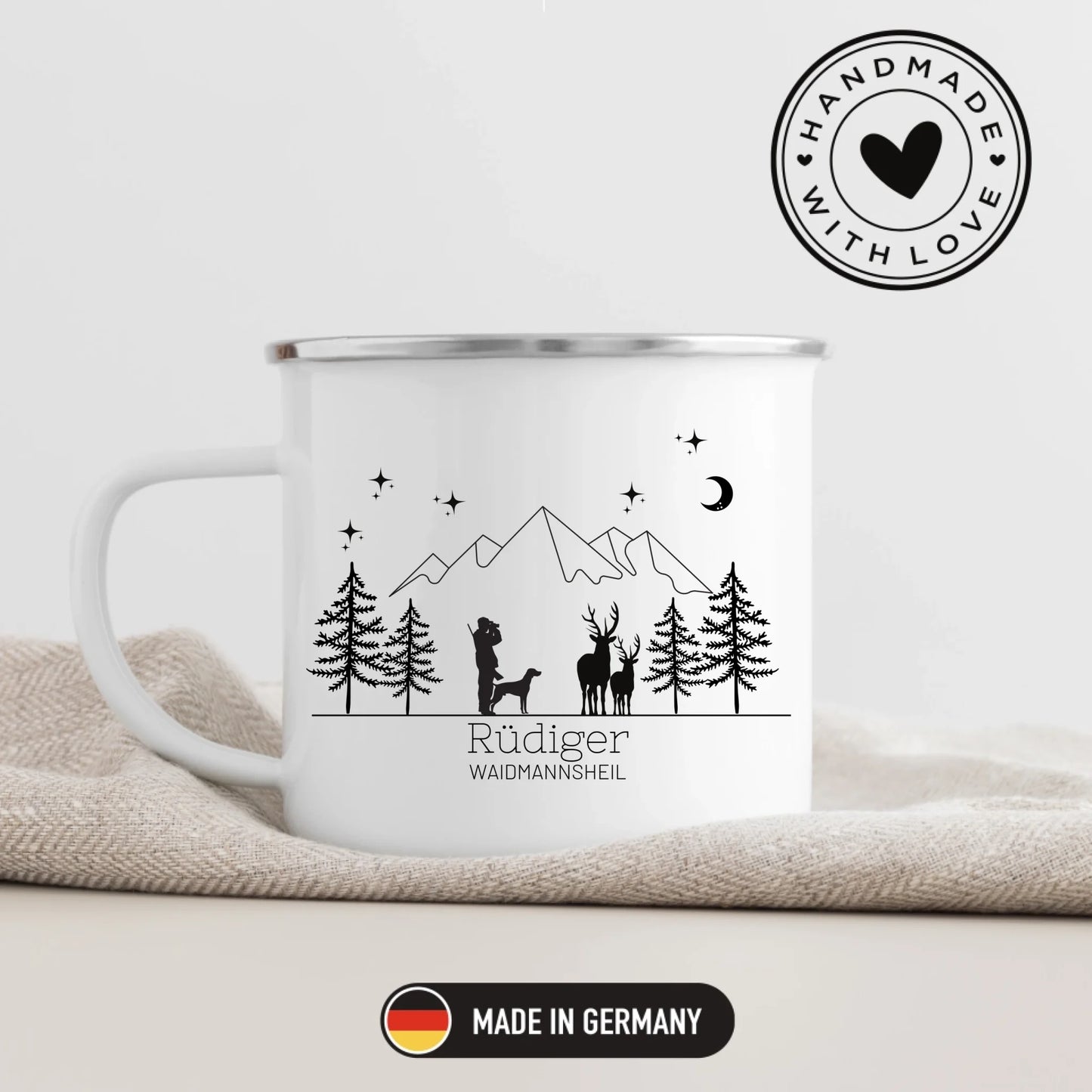Jägertasse mit Hund und Hirsch