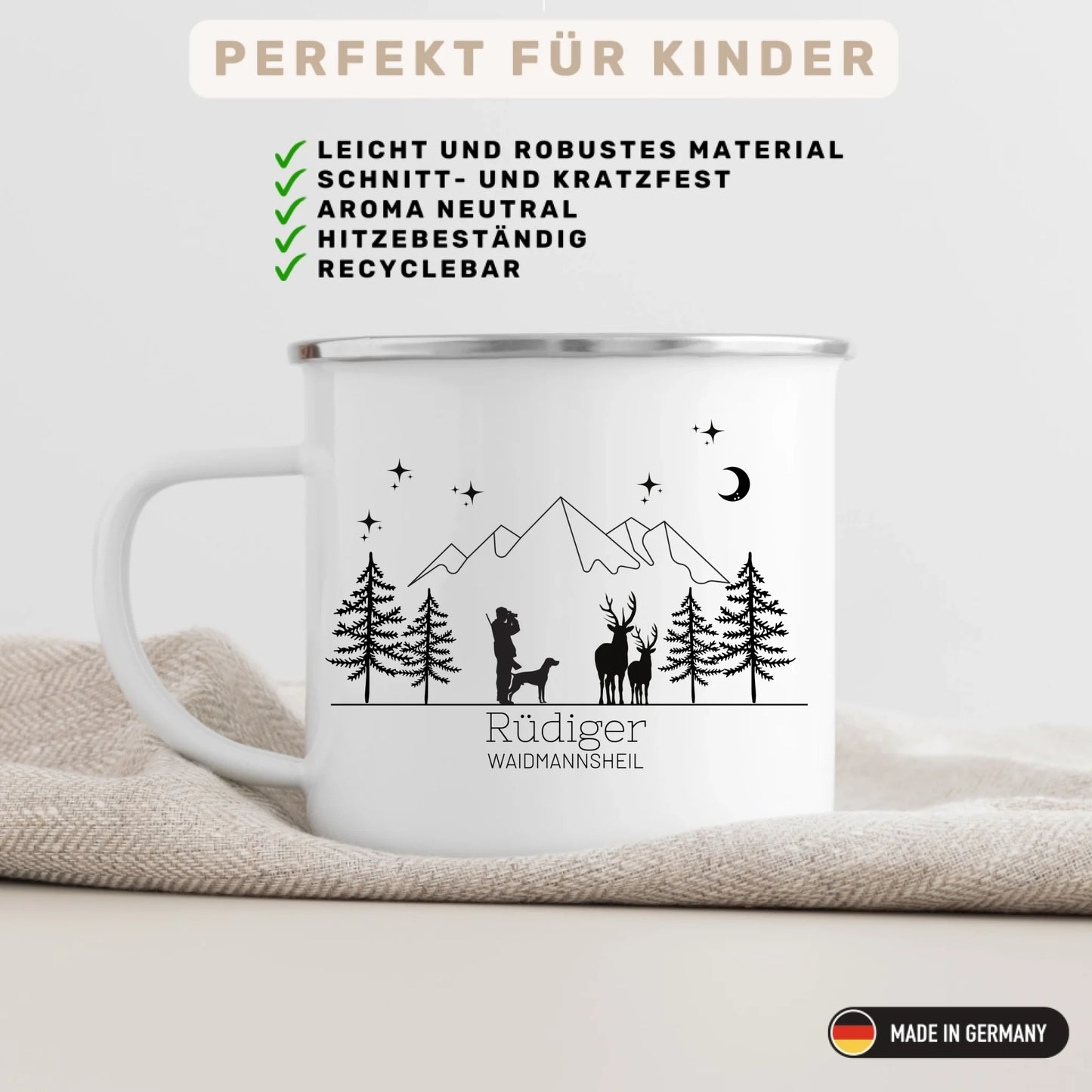 Jägertasse mit Hund und Hirsch
