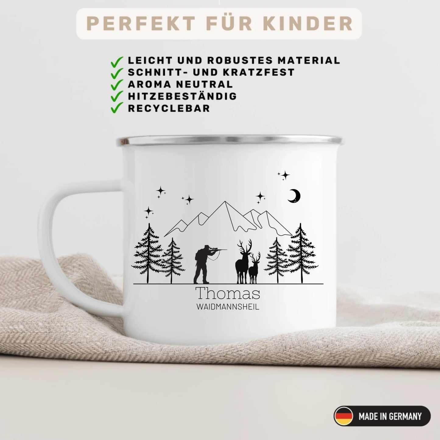 Personalisierte Jägertasse mit Namen – Emaille Tasse für Jäger